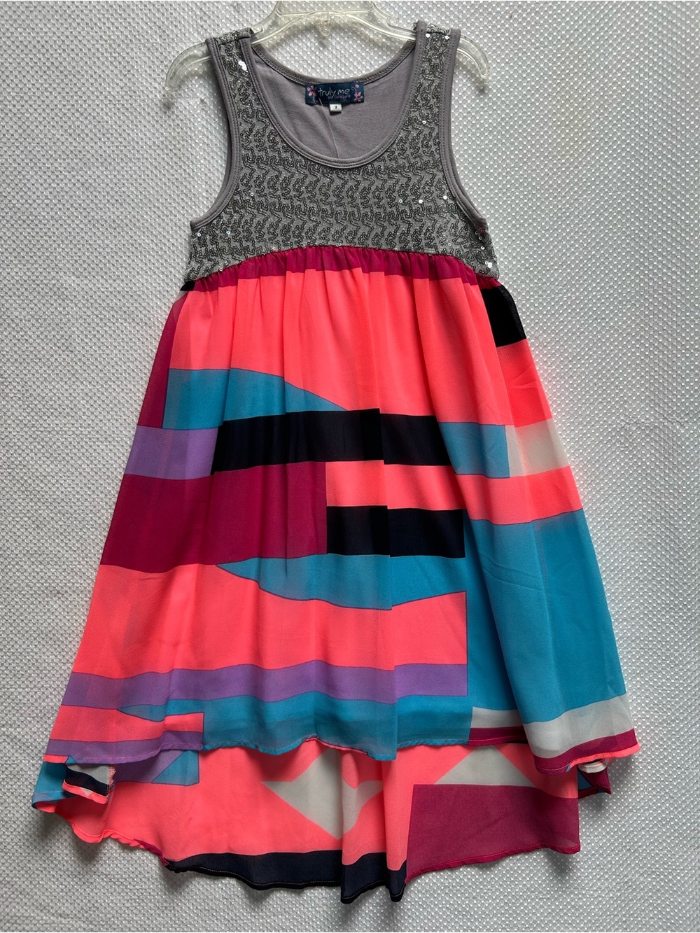 Truly Me Hi Low Silver Sequined , Colorful Sleeveless Striped Summer Dress. NWT
